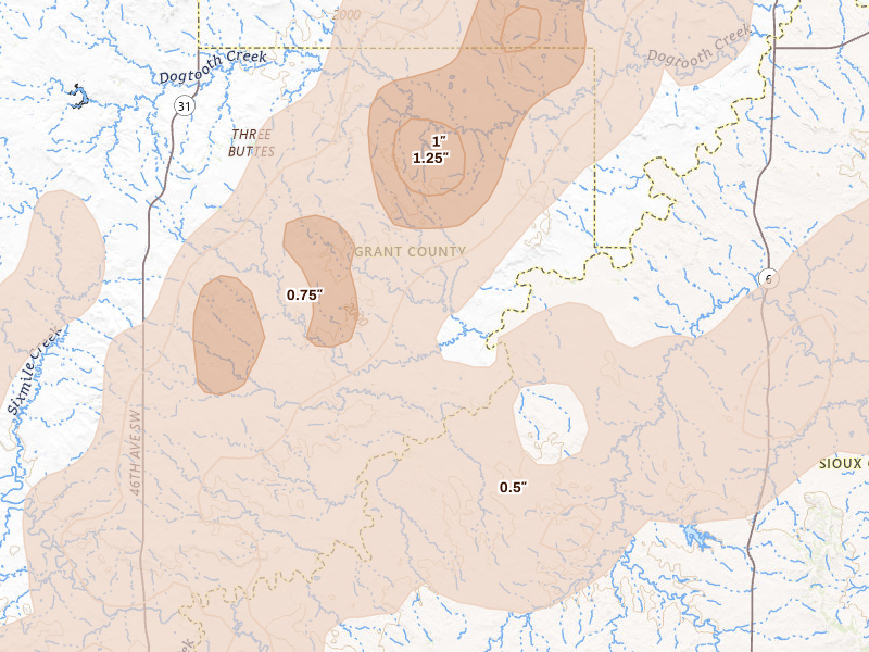 Radar-estimated hail-size map of the storm over Shields, ND on Jun 9, 2026