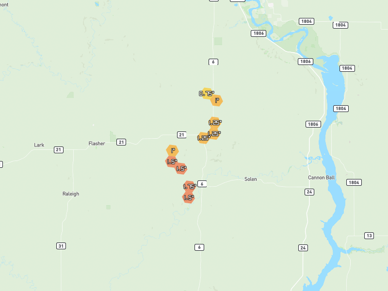 Hail map of Solen, ND on Jun 28, 2026, hail up to 1.75"