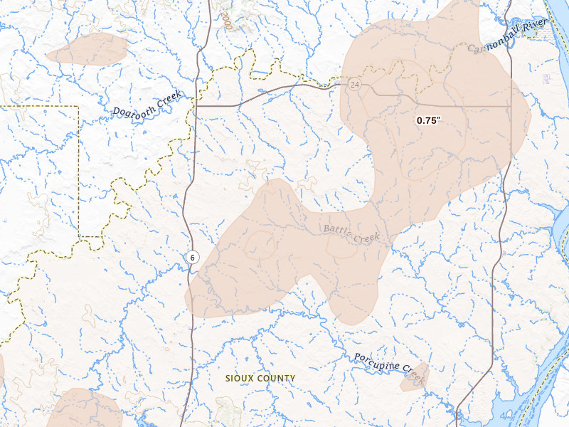 Radar-estimated hail-size map of the storm over Solen, ND on Jul 1, 2026