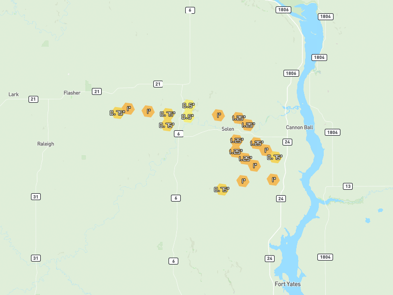 Hail map of Solen, ND on Jul 2, 2026, hail up to 1.25"