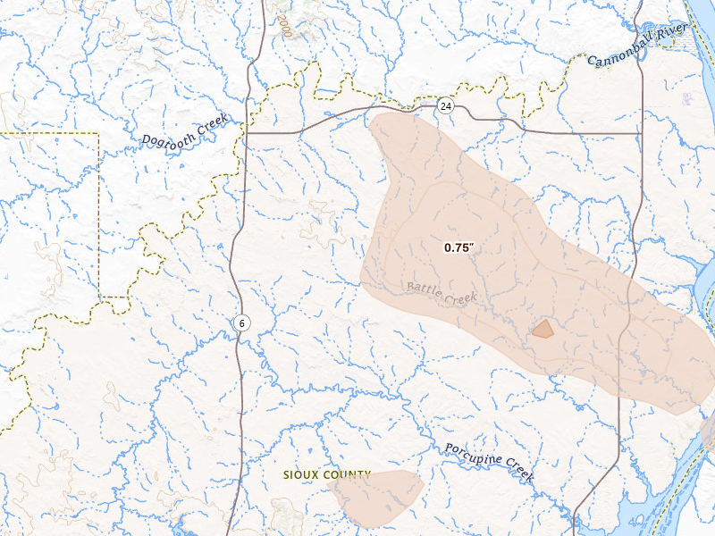 Radar-estimated hail-size map of the storm over Solen, ND on Jul 3, 2026