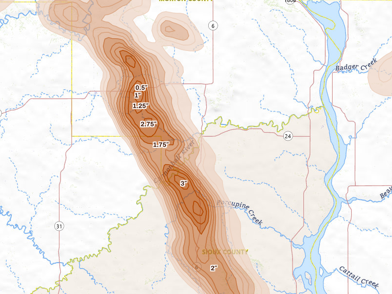Radar-estimated hail-size map of the storm over Solen, ND on Aug 11, 2026
