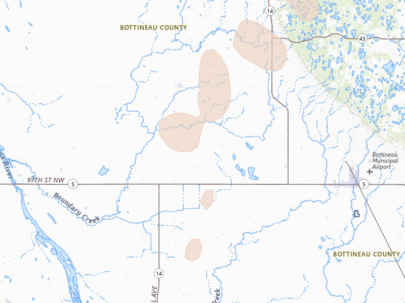 Radar-estimated hail-size map of the storm over Souris, ND on Jun 2, 2026