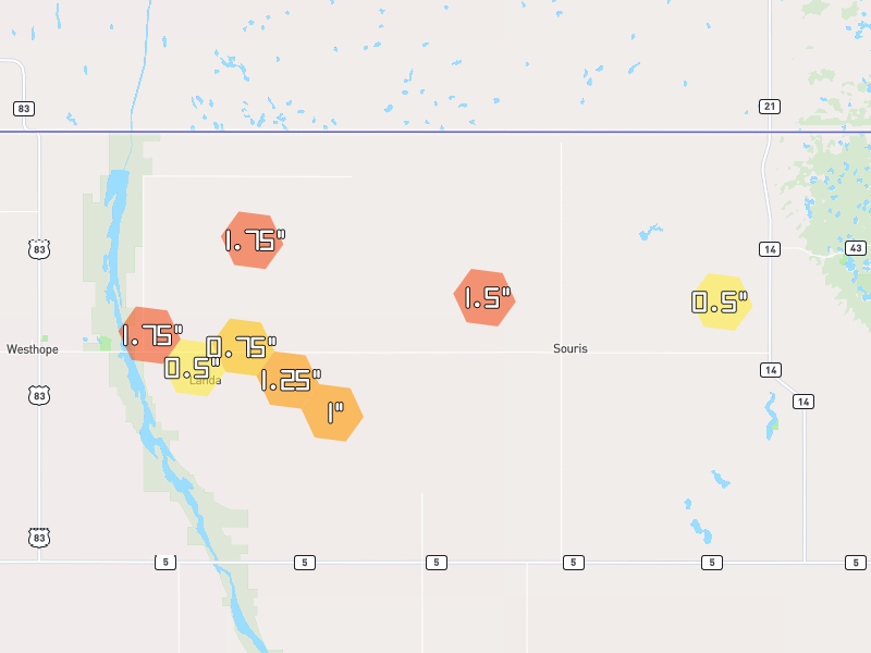 Hail map of Souris, ND on Jun 7, 2026, hail up to 1.75"