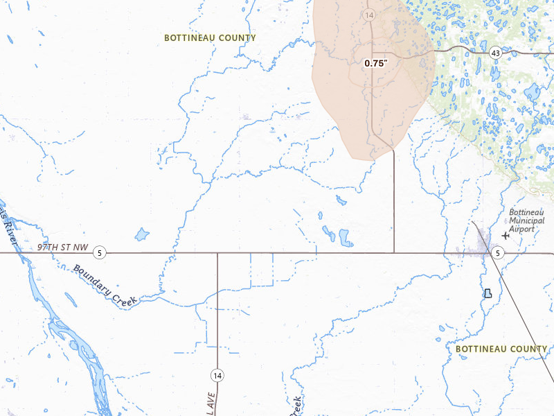 Radar-estimated hail-size map of the storm over Souris, ND on Jun 29, 2026