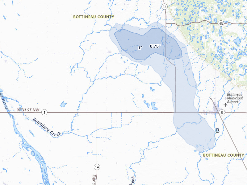 NEXRAD radar-signature map of the hail storm over Souris, ND on Jun 29, 2026