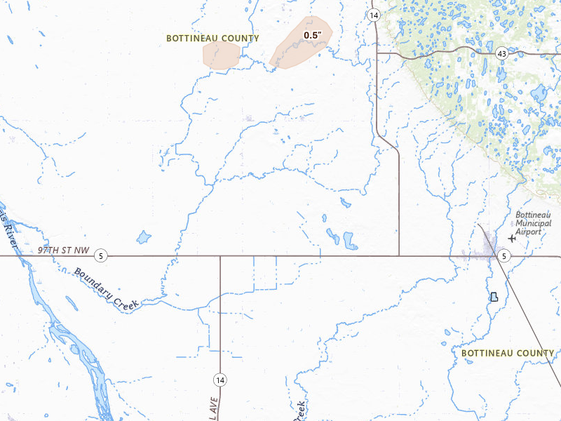 Radar-estimated hail-size map of the storm over Souris, ND on Jul 5, 2026