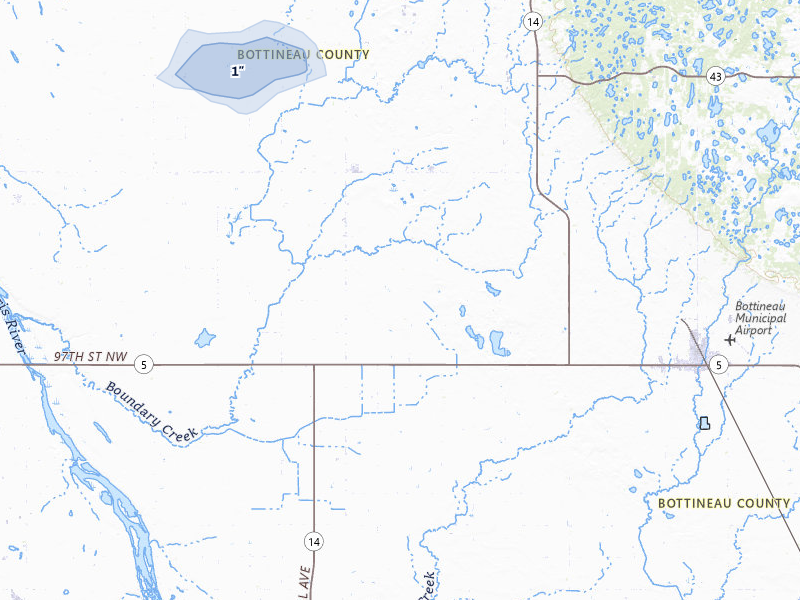 NEXRAD radar-signature map of the hail storm over Souris, ND on Jul 5, 2026