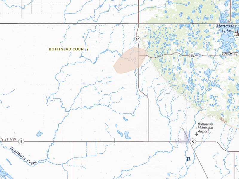 Radar-estimated hail-size map of the storm over Souris, ND on Aug 23, 2026