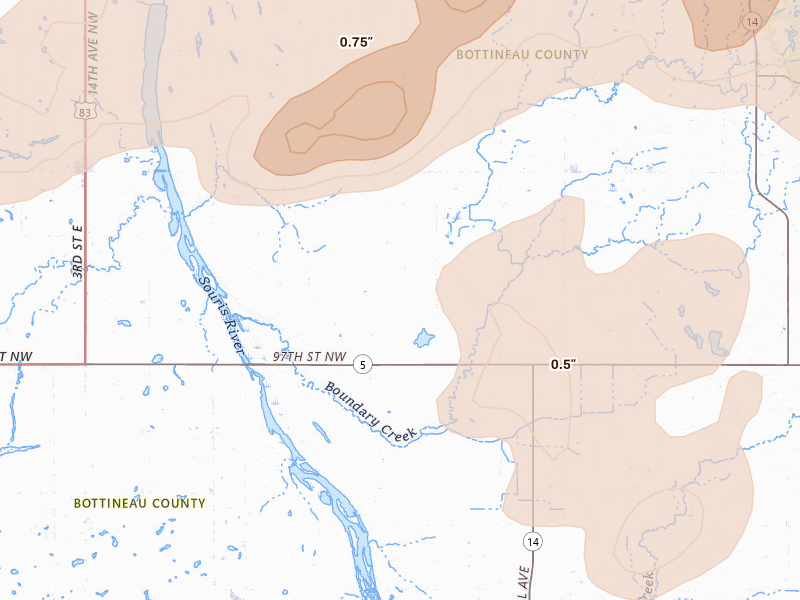 Radar-estimated hail-size map of the storm over Souris, ND
