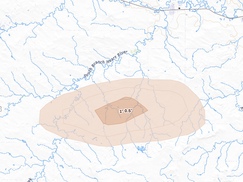 Radar-estimated hail-size map of the storm over South Heart, ND on Aug 11, 2026