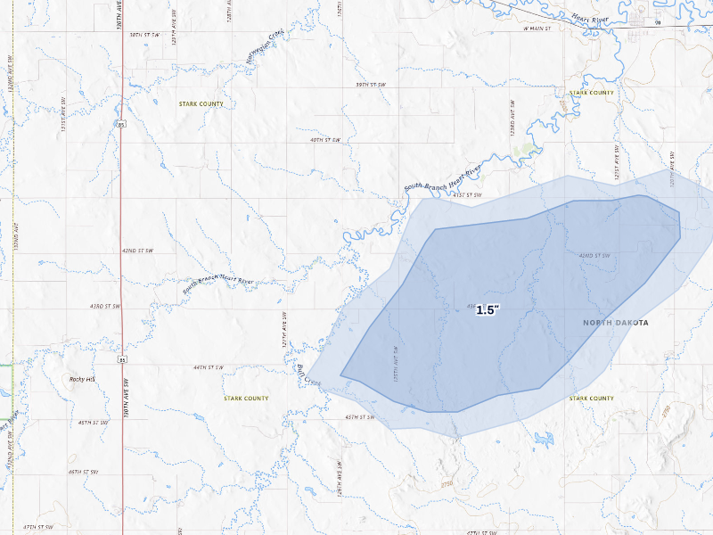 NEXRAD radar-signature map of the hail storm over South Heart, ND on Aug 11, 2026