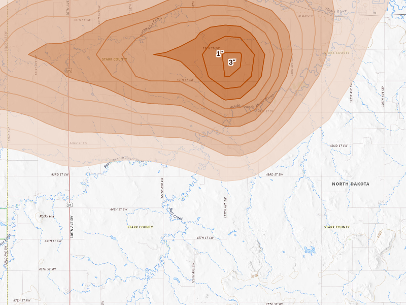 Radar-estimated hail-size map of the storm over South Heart, ND on Sep 23, 2026