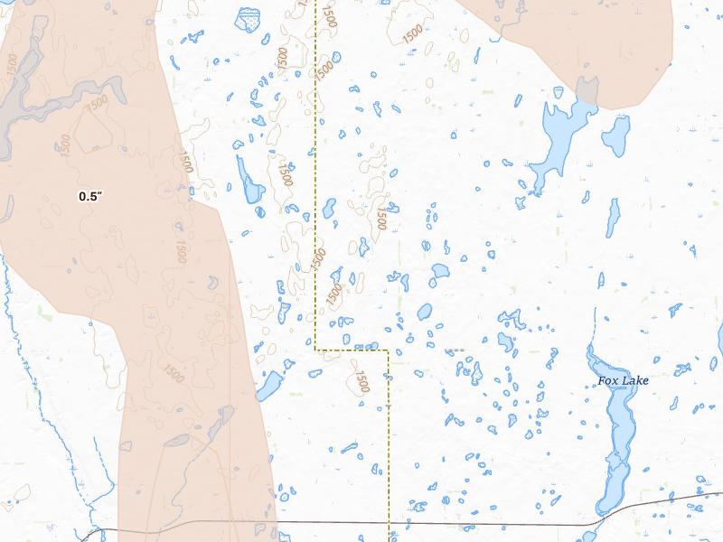 Radar-estimated hail-size map of the storm over Spiritwood, ND on Jun 2, 2026