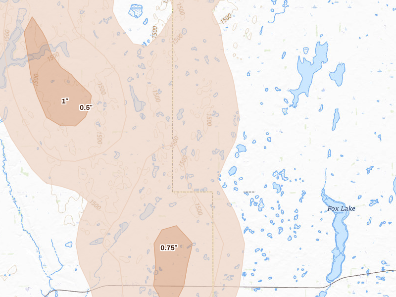 Radar-estimated hail-size map of the storm over Spiritwood, ND on Jun 9, 2026