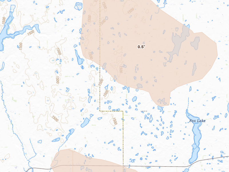 Radar-estimated hail-size map of the storm over Spiritwood, ND on Jul 9, 2026