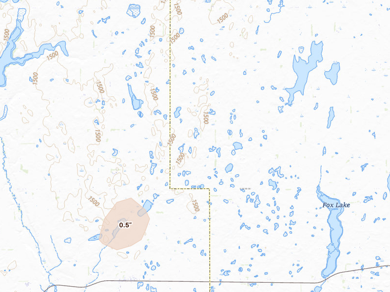 Radar-estimated hail-size map of the storm over Spiritwood, ND on Jul 30, 2026
