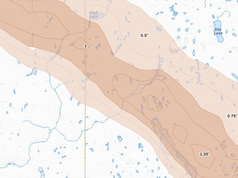 Radar-estimated hail-size map of the storm over Spiritwood, ND on Aug 11, 2026