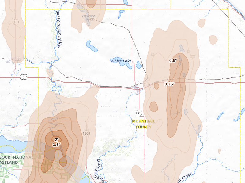 Radar-estimated hail-size map of the storm over Stanley, ND on Jun 7, 2026