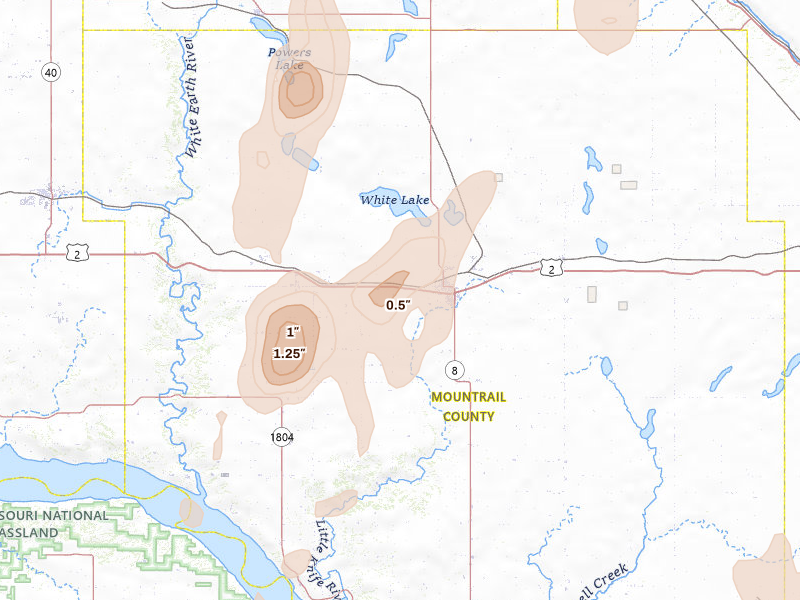 Radar-estimated hail-size map of the storm over Stanley, ND on Jun 9, 2026