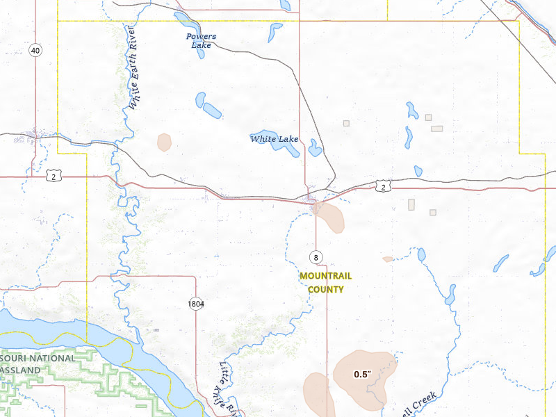 Radar-estimated hail-size map of the storm over Stanley, ND on Jun 27, 2026