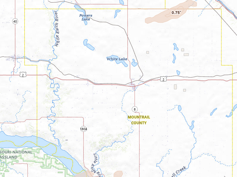 Radar-estimated hail-size map of the storm over Stanley, ND on Jul 5, 2026