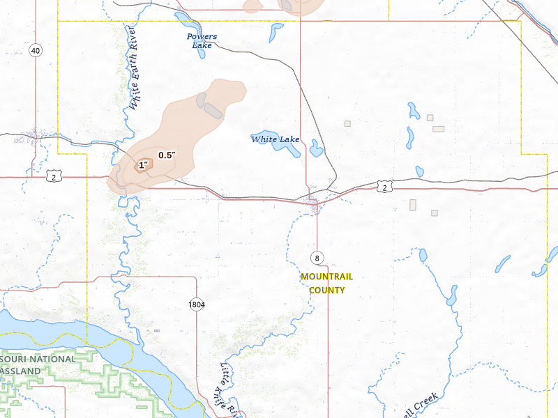 Radar-estimated hail-size map of the storm over Stanley, ND on Jul 29, 2026