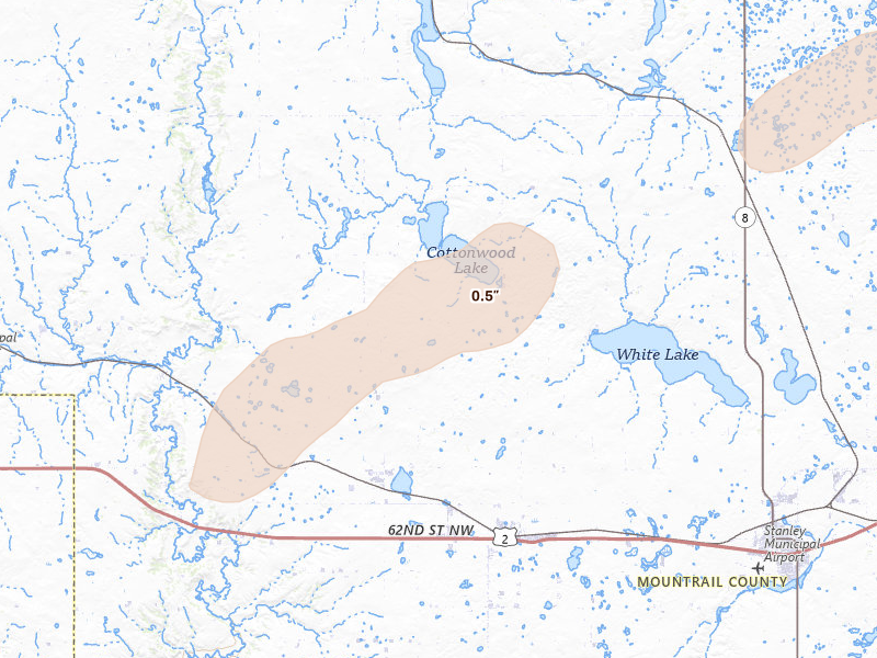 Radar-estimated hail-size map of the storm over Stanley, ND on Sep 4, 2026