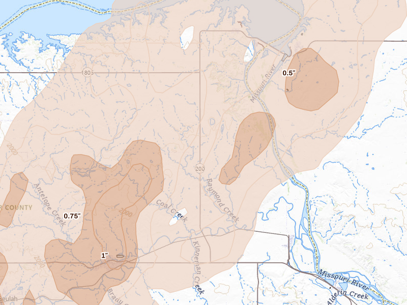Radar-estimated hail-size map of the storm over Stanton, ND on Jun 9, 2026