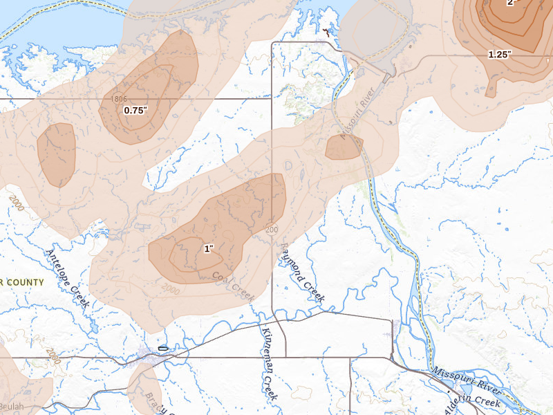 Radar-estimated hail-size map of the storm over Stanton, ND on Jun 28, 2026