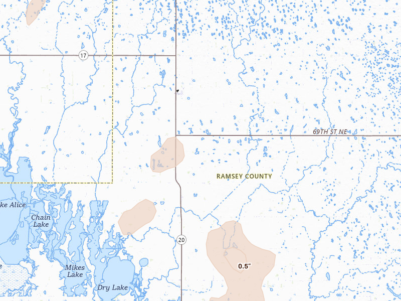 Radar-estimated hail-size map of the storm over Starkweather, ND on Jun 2, 2026