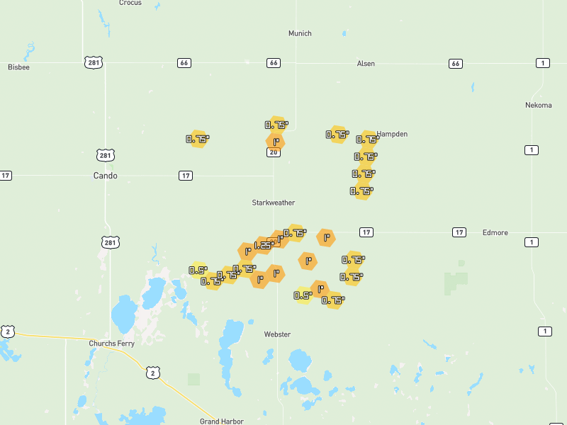 Hail map of Starkweather, ND on Jun 2, 2026, hail up to 1.25"