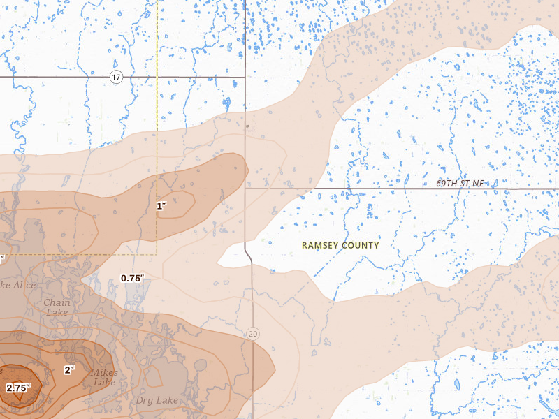Radar-estimated hail-size map of the storm over Starkweather, ND on Jun 28, 2026