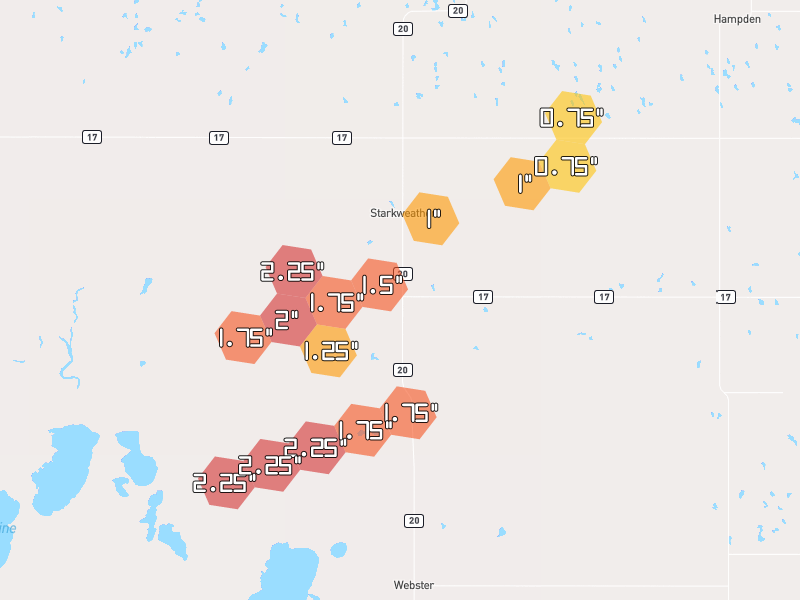 Hail map of Starkweather, ND on Jun 29, 2026, hail up to 2.25"