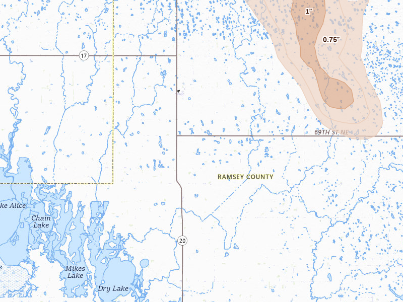 Radar-estimated hail-size map of the storm over Starkweather, ND on Jul 9, 2026