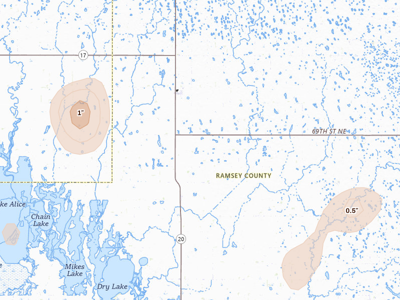 Radar-estimated hail-size map of the storm over Starkweather, ND on Jul 30, 2026