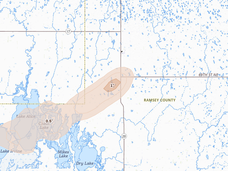 Radar-estimated hail-size map of the storm over Starkweather, ND