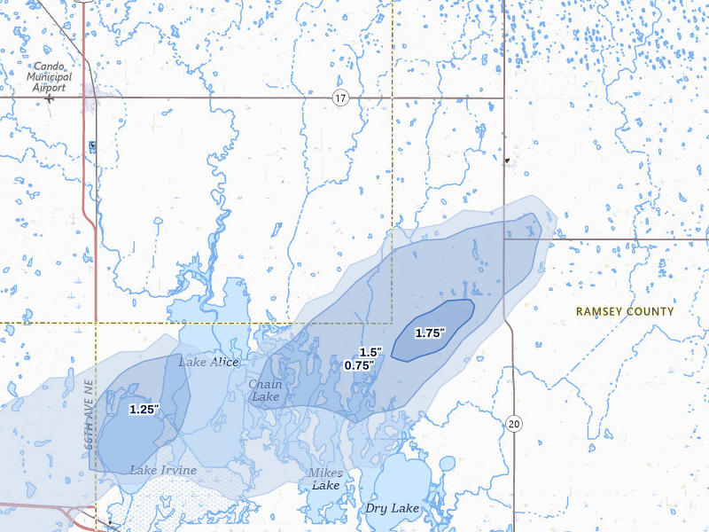 NEXRAD radar-signature map of the hail storm over Starkweather, ND on Aug 2, 2026