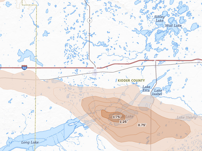 Radar-estimated hail-size map of the storm over Steele, ND on Jul 19, 2026