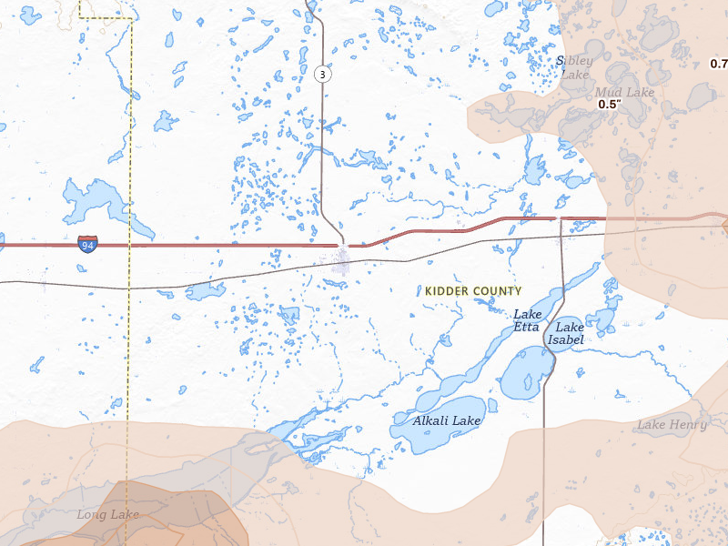 Radar-estimated hail-size map of the storm over Steele, ND on Jul 24, 2026