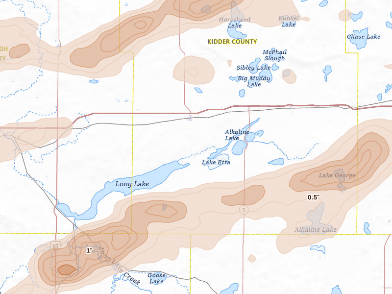 Radar-estimated hail-size map of the storm over Steele, ND on Aug 11, 2026