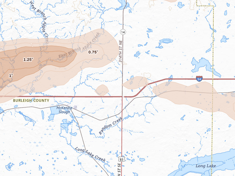 Radar-estimated hail-size map of the storm over Sterling, ND on Jul 19, 2026