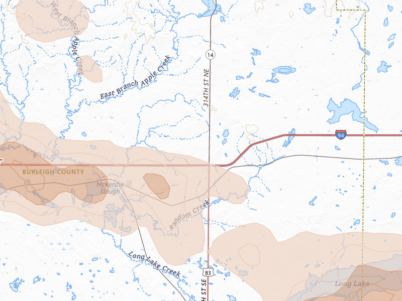 Radar-estimated hail-size map of the storm over Sterling, ND on Jul 24, 2026
