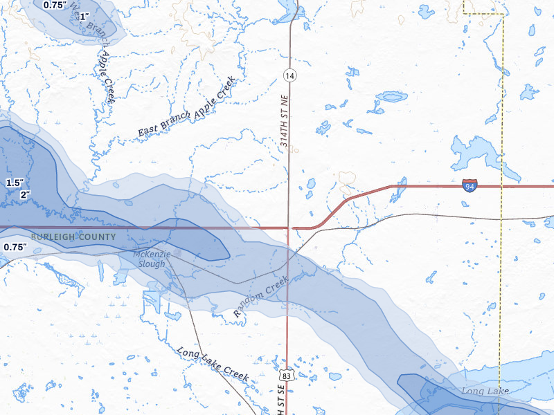 NEXRAD radar-signature map of the hail storm over Sterling, ND on Jul 24, 2026