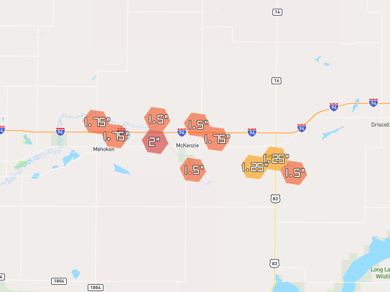 Hail map of Sterling, ND on Jul 24, 2026, hail up to 2"