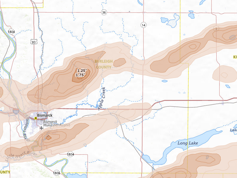 Radar-estimated hail-size map of the storm over Sterling, ND on Aug 11, 2026