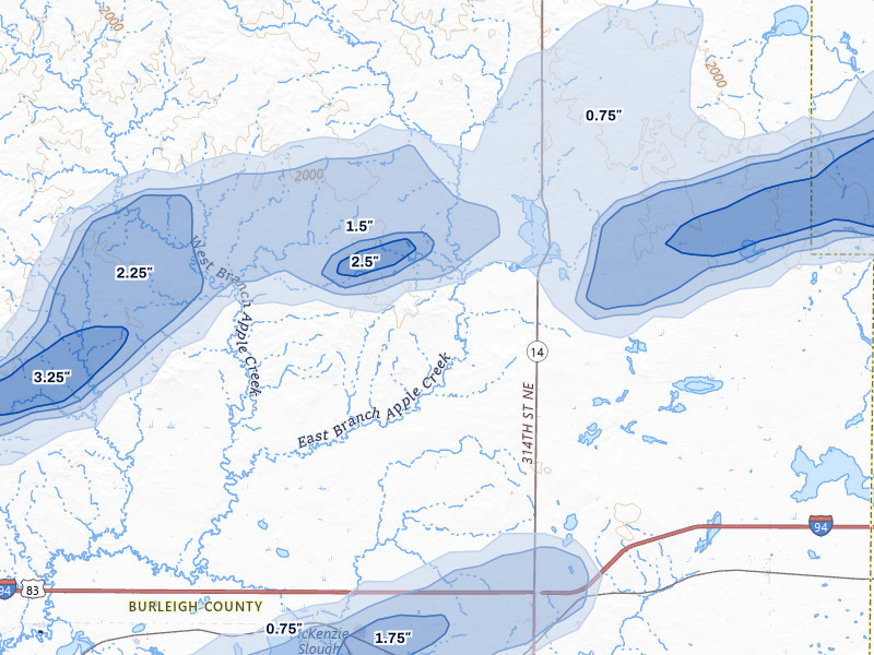 NEXRAD radar-signature map of the hail storm over Sterling, ND on Aug 11, 2026