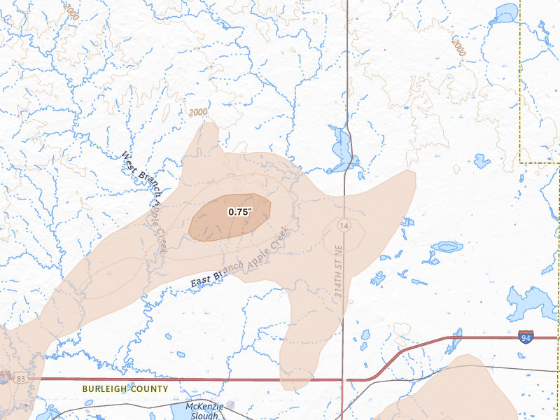 Radar-estimated hail-size map of the storm over Sterling, ND