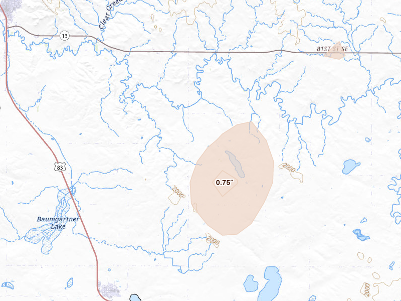 Radar-estimated hail-size map of the storm over Strasburg, ND on Jun 2, 2026