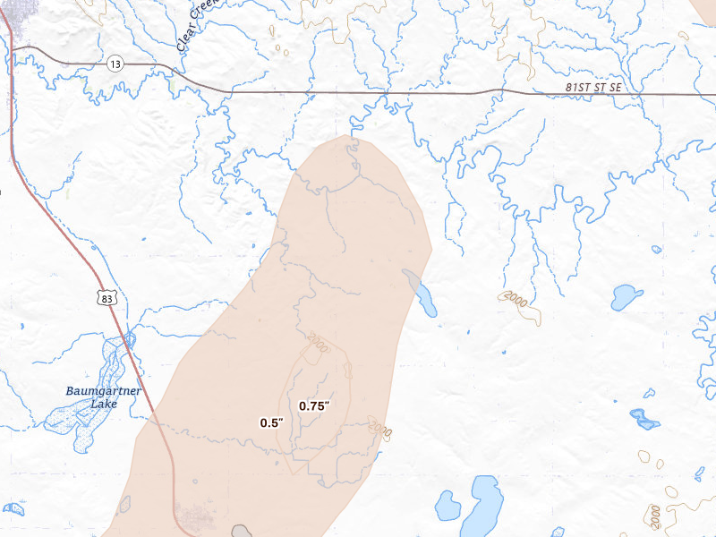 Radar-estimated hail-size map of the storm over Strasburg, ND on Jun 27, 2026